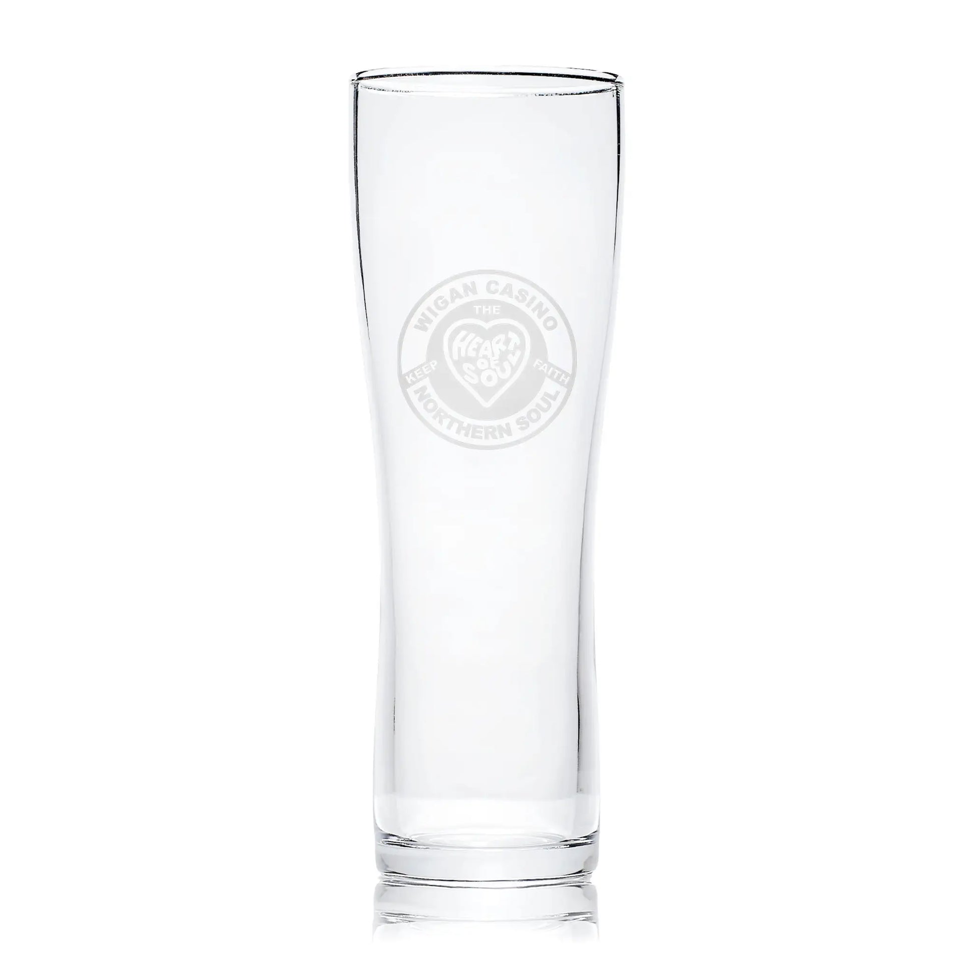 Northern Soul  pint glass engraved with wigan casino patch and Keep The Faith text