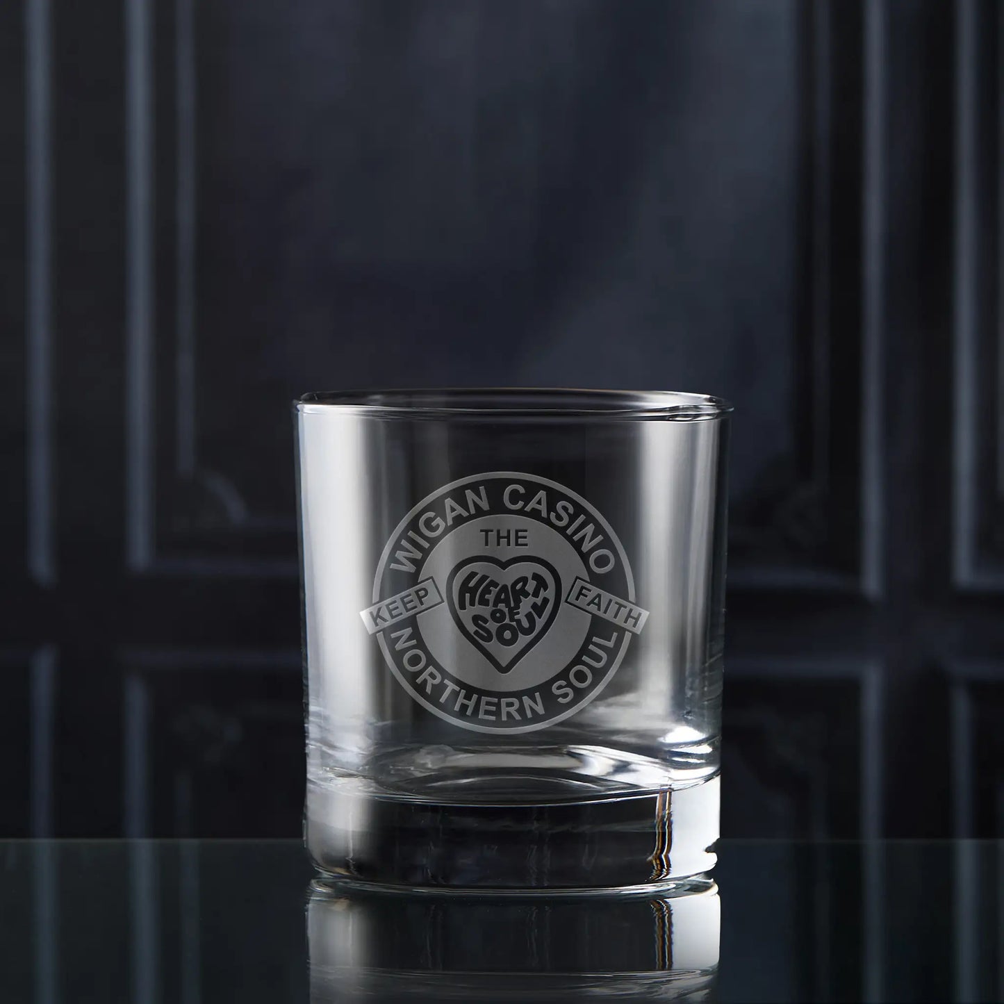 Northern Soul whisky glass with Wigan Casino patch design featuring the words “Heart and Soul” and “Keep the Faith”