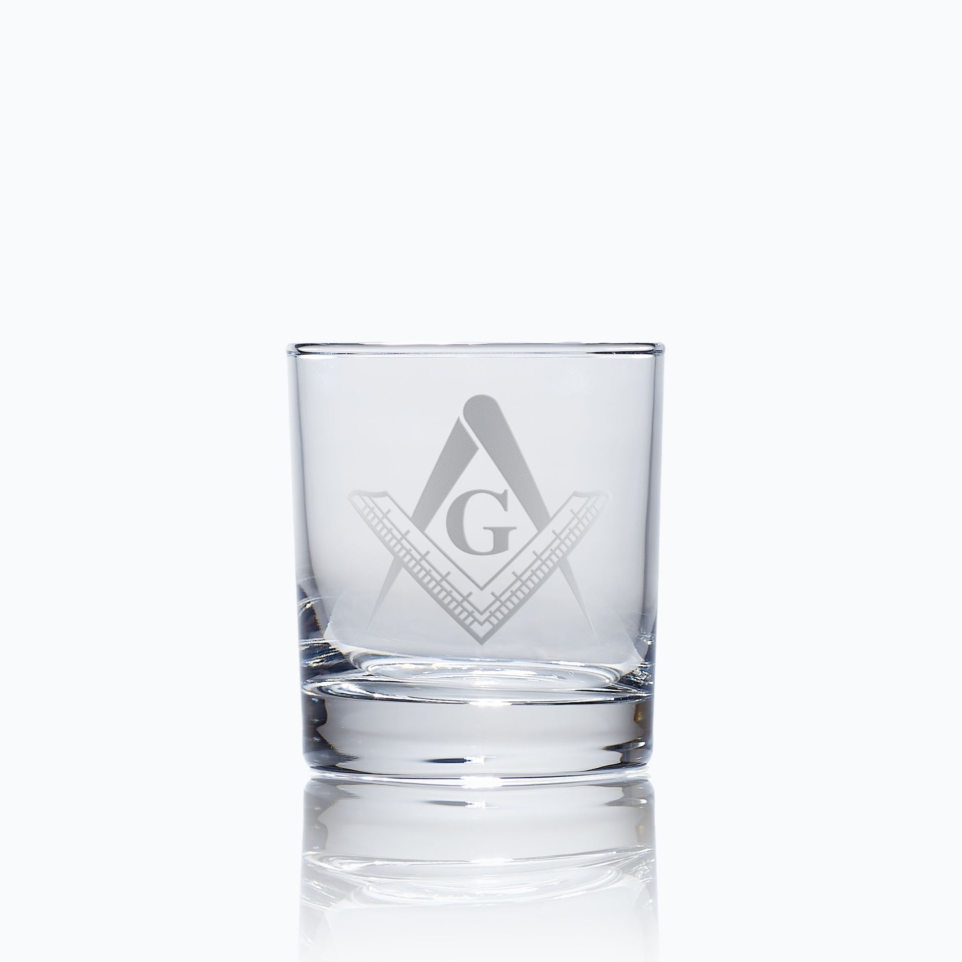 Masonic whisky glass engraved with 1st degree square and compass with a G