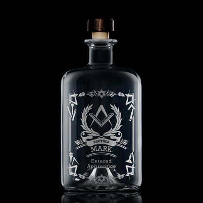 Apothecary style masonic decanter engraved with a 1st Degree Entered Apprentice Square & Compass on black background
