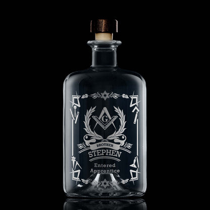 Apothecary style masonic decanter personalised with a 1st Degree Entered Apprentice Square & Compass on black background