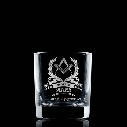 Masonic whisky glass engraved with a 1st Degree Entered Apprentice Square & Compass on black background