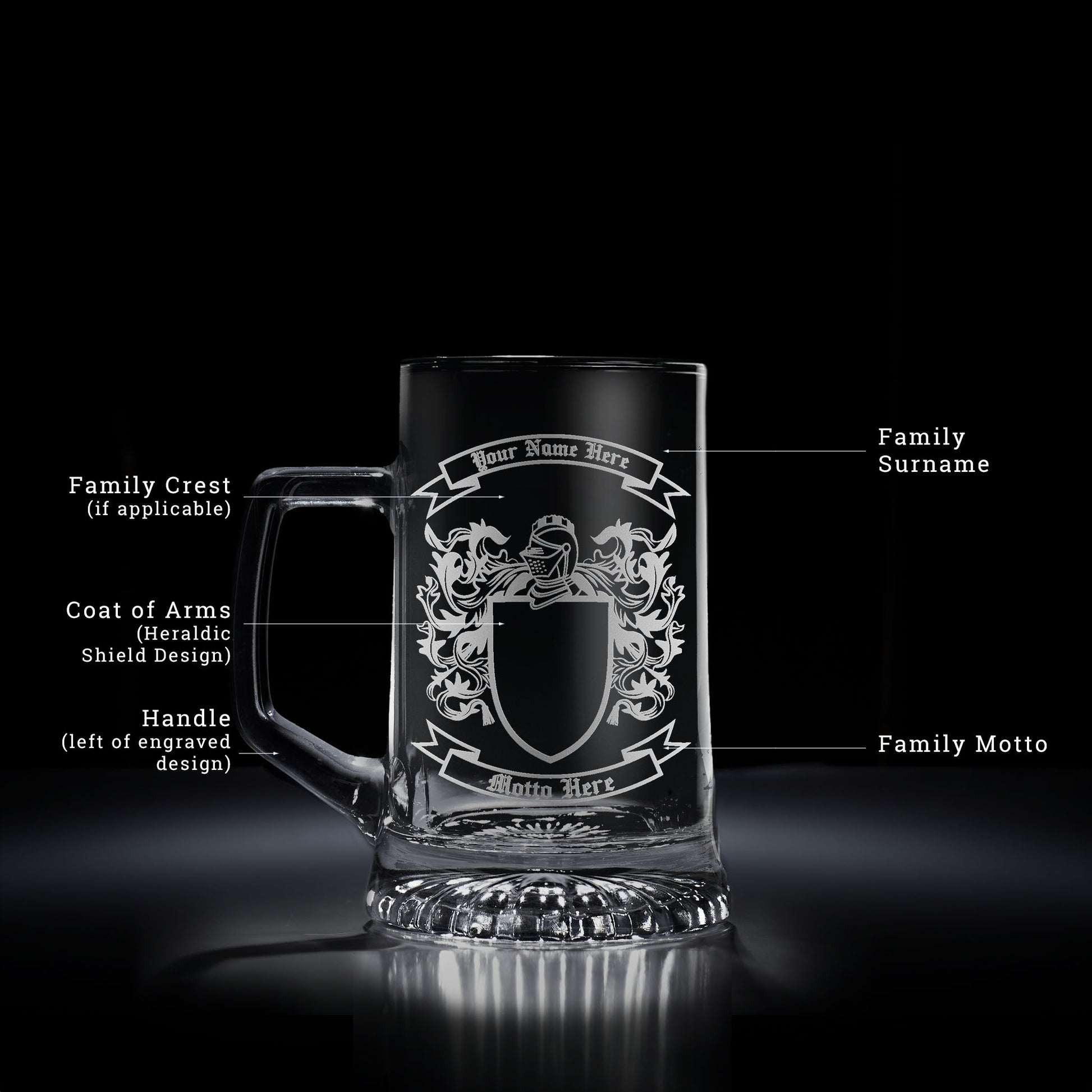 personalised glass tankard engraved with a family coat of arms