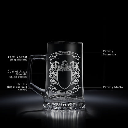 personalised glass tankard engraved with a family coat of arms