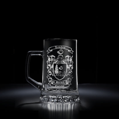 personalised glass tankard engraved with the lowden family coat of arms