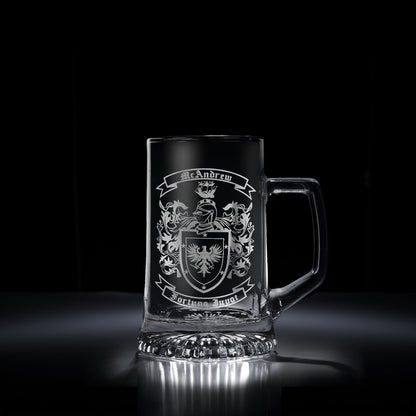 personalised glass tankard engraved with teh McAndrew family coat of arms