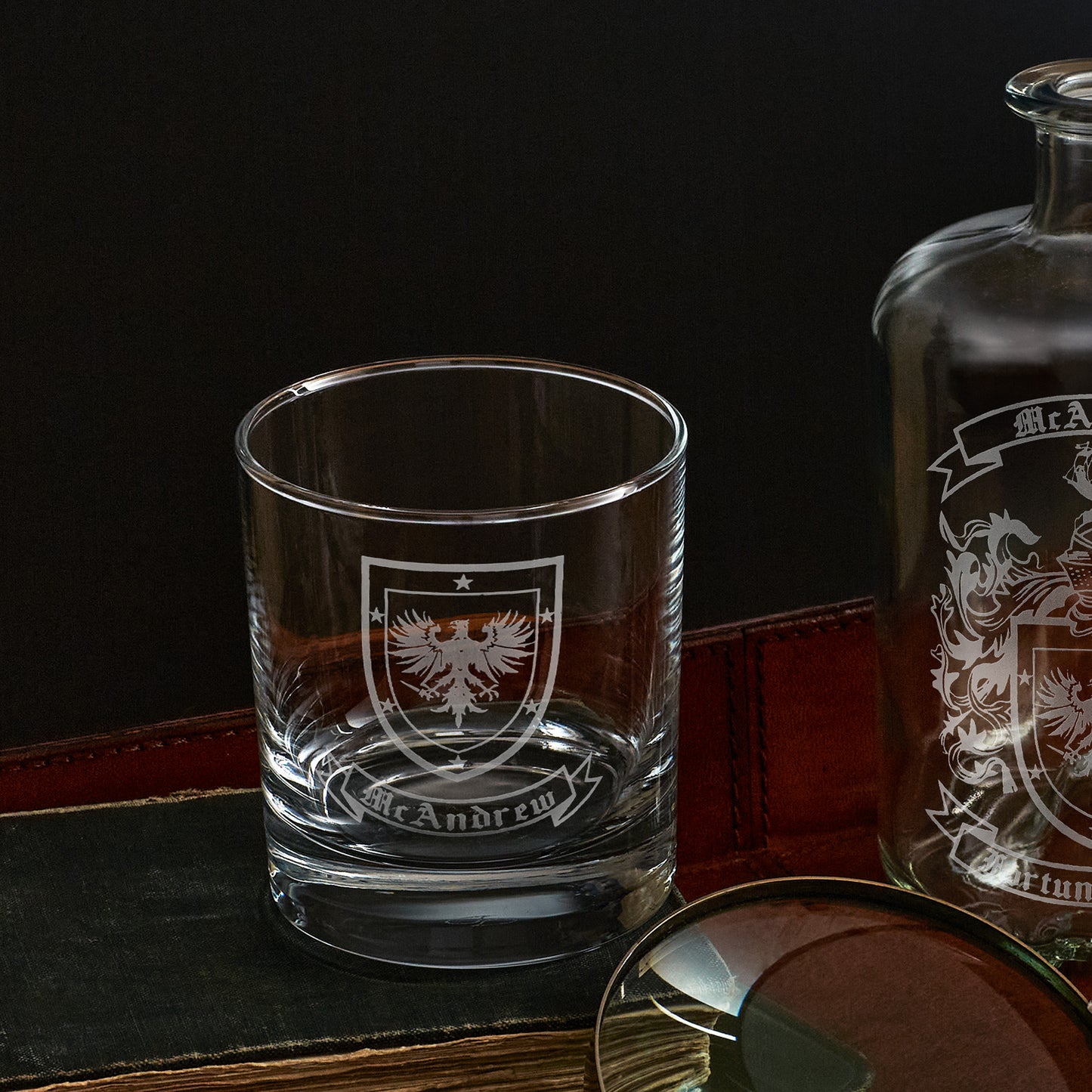 family crest and coat of arms engraved whisky glass