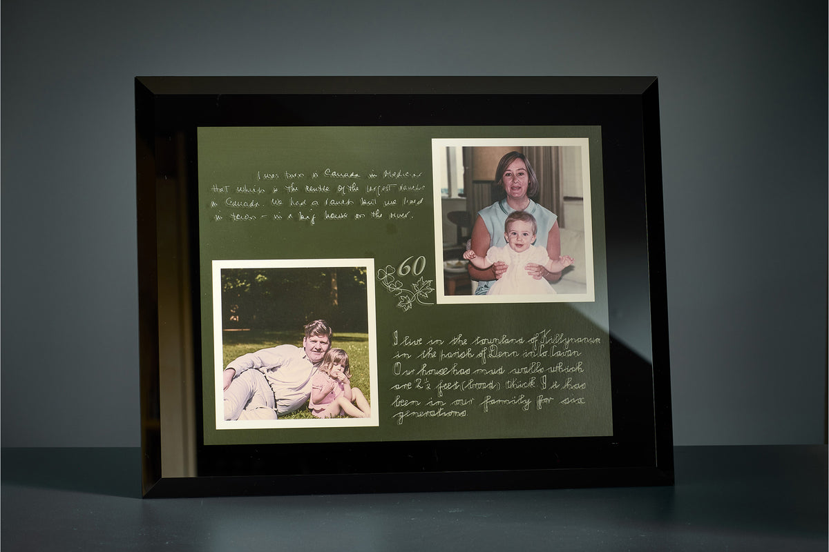 Family photographs and original handwriting combined in a bespoke engraved glass frame