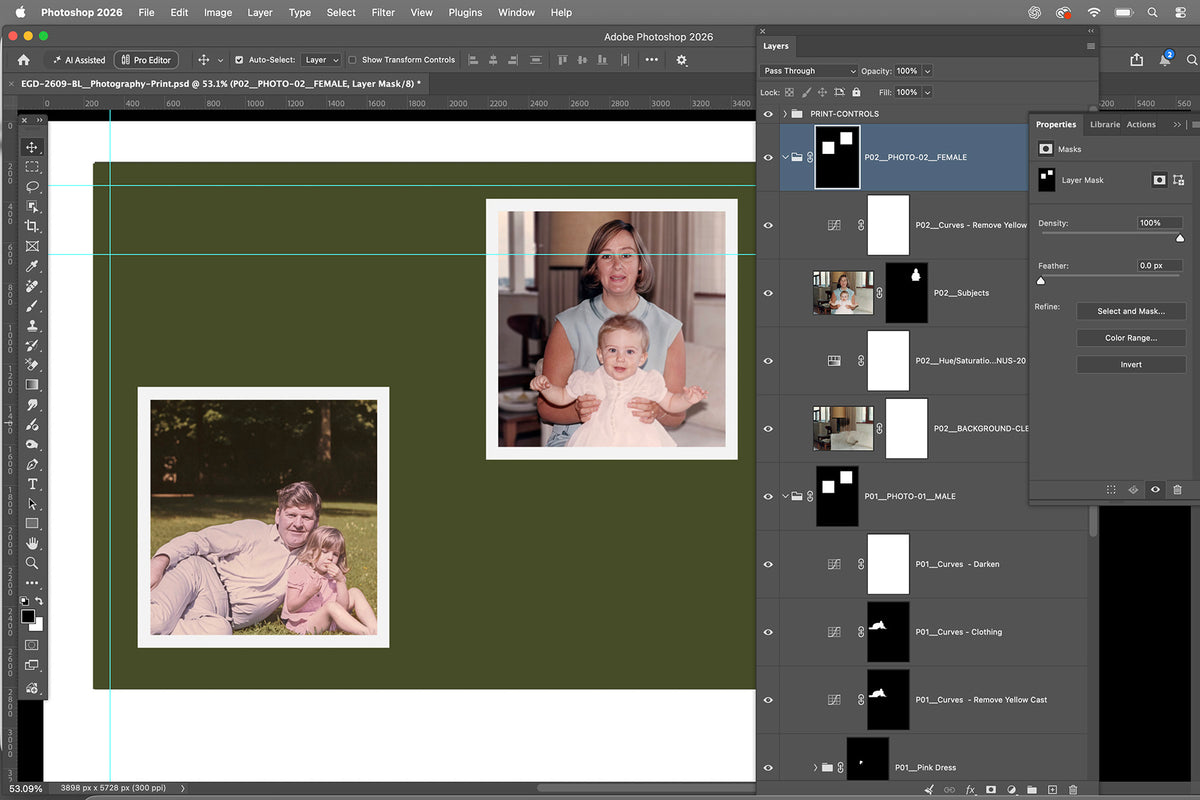 Family photographs being prepared and composed in Photoshop for the engraved glass frame