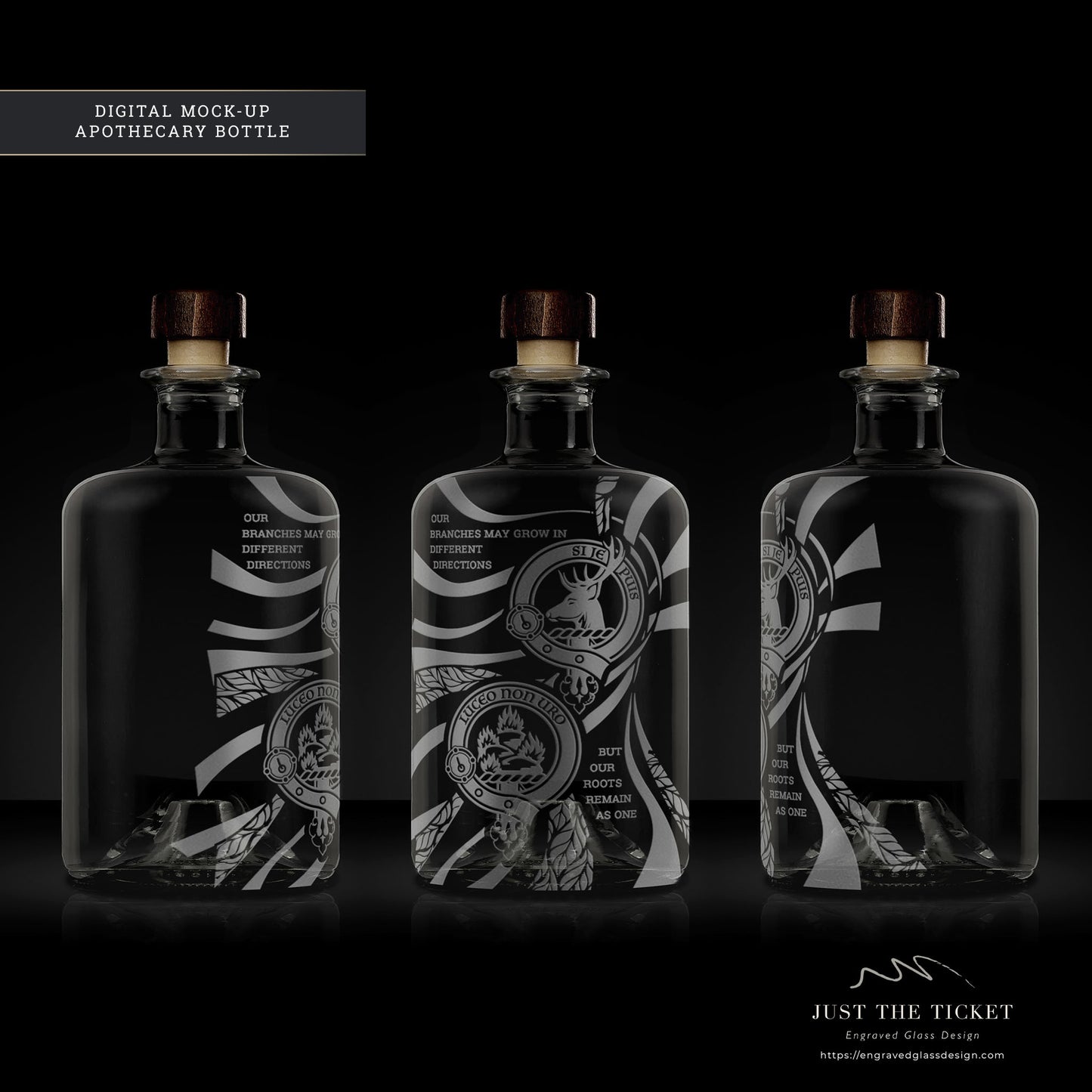 digital mock-up of a decanter engraved with family clan crests