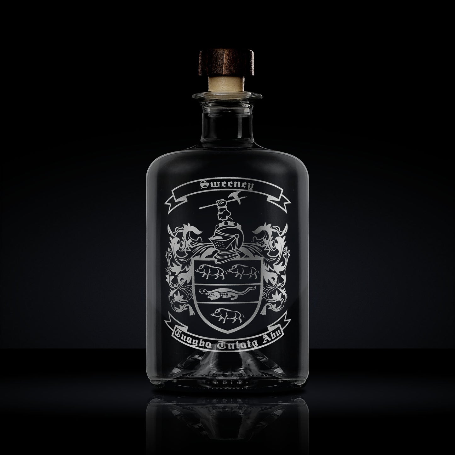 engraved family crest and coat of arms glass apothecary bottle