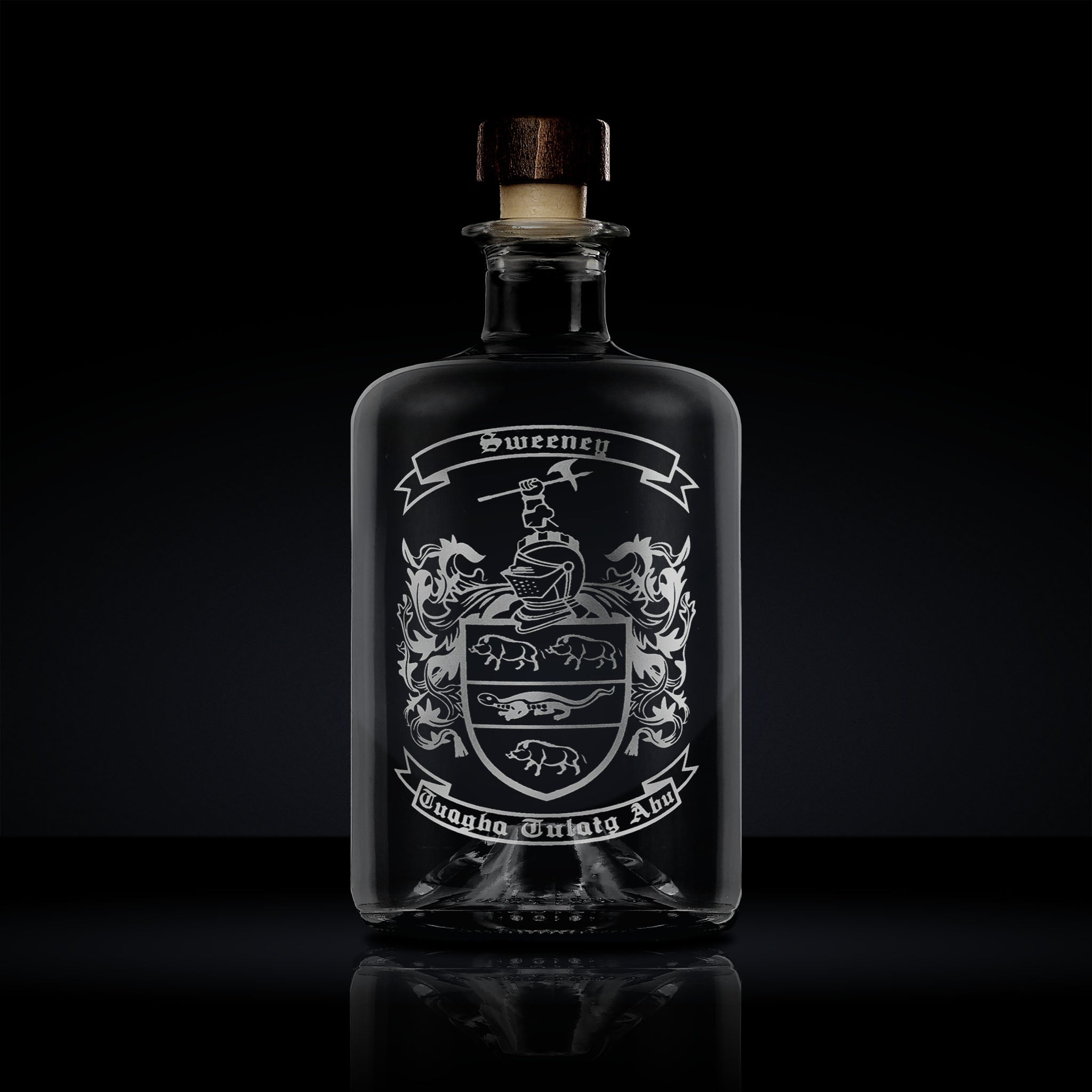 engraved family crest and coat of arms glass apothecary bottle