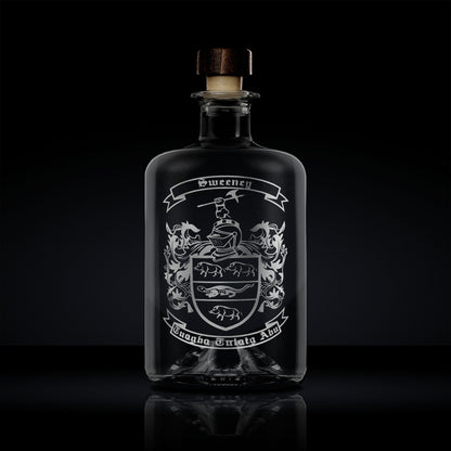 engraved family crest and coat of arms glass apothecary bottle