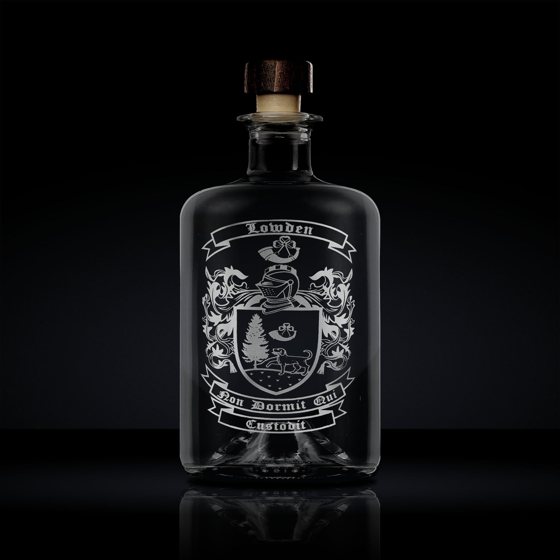 family crest and coat of arms engraved apothecary bottle