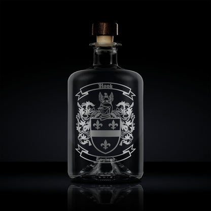 engraved family crest and coat of arms glass apothecary bottle