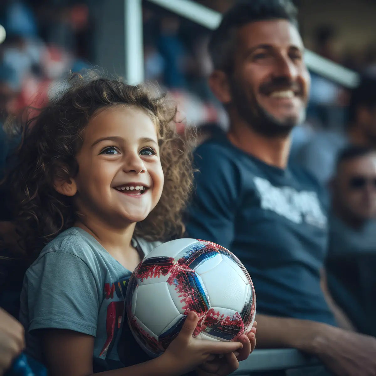 Child holding a soccer ball with a smiling adult in a stadium setting