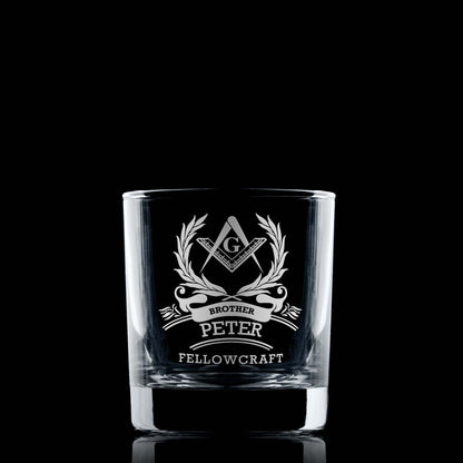 Masonic whisky glass engraved with a 2nd Degree Fellowcraft Square & Compass on black background