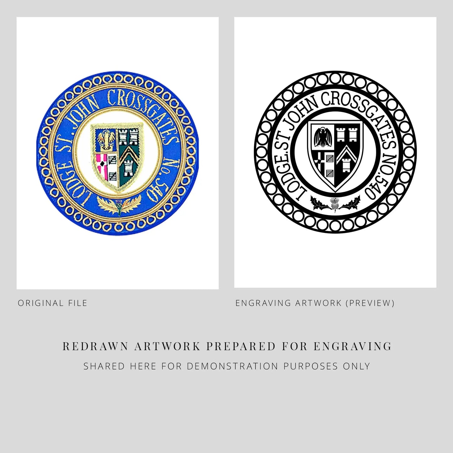 Two versions of a crest design: original file and engraving artwork preview, on a white background.