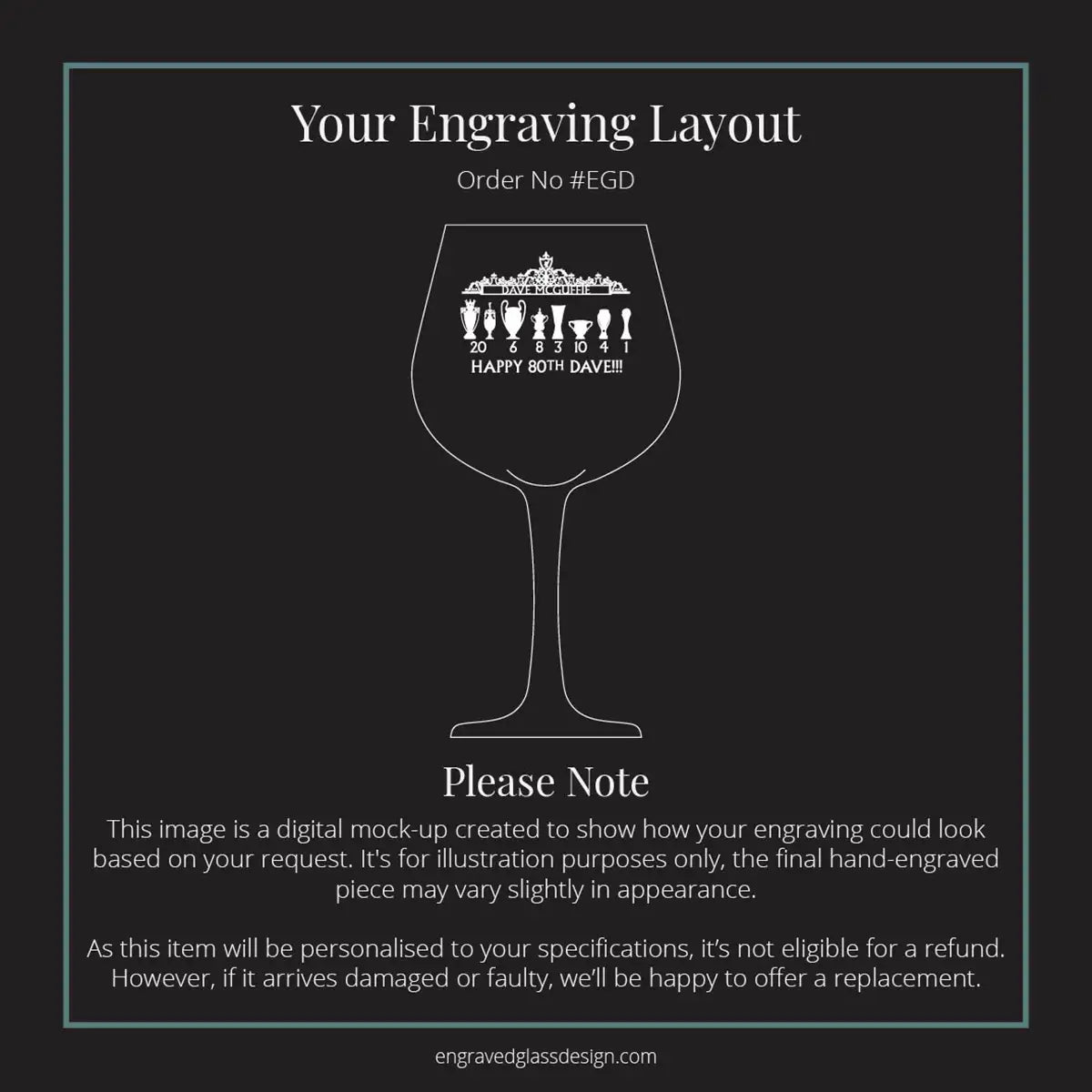 Design mock-up of a football gin glass engraving layout with text on a black background