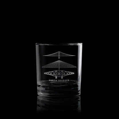 whisky glass engraved with the forth rail bridge, forth road bridge and queensferry crossing