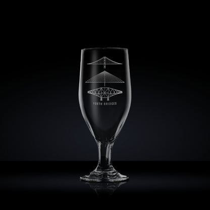 Stemmed  beer glass engraved with the forth rail bridge, forth road bridge and queensferry crossing