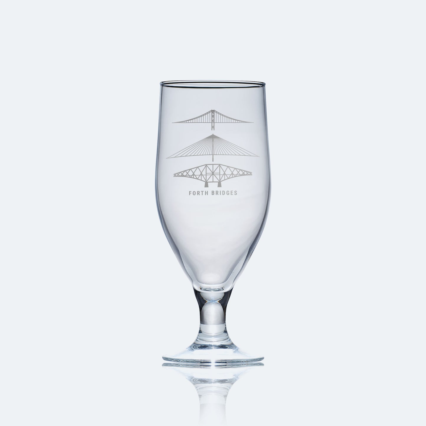 Stemmed  beer glass engraved with the forth rail bridge, forth road bridge and queensferry crossing