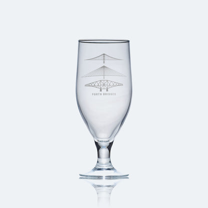 Stemmed  beer glass engraved with the forth rail bridge, forth road bridge and queensferry crossing