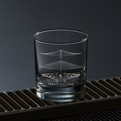 whisky glass engraved with Scotlnad's  forth rail bridge, forth road bridge and queensferry crossing on a sliver drip tray