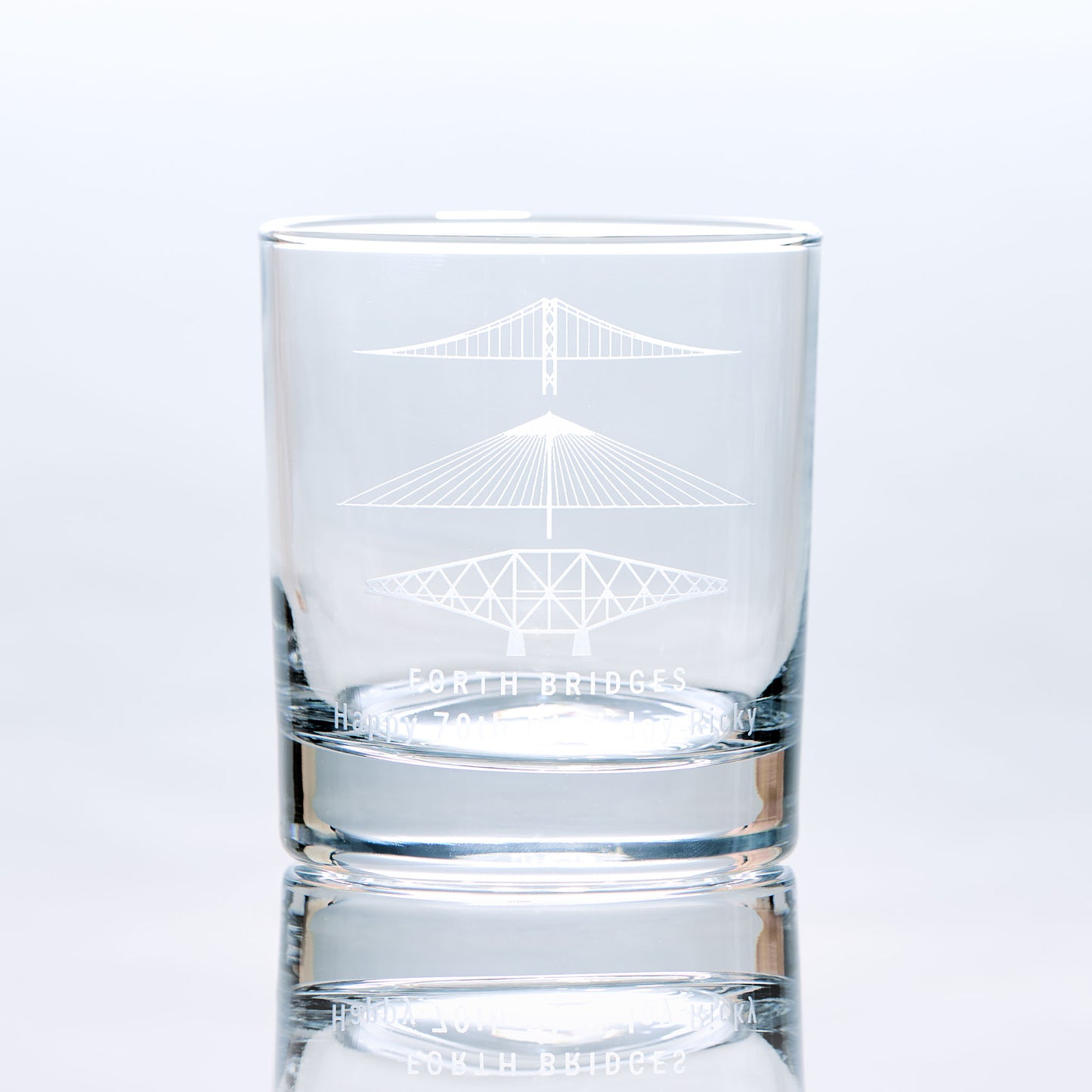 whisky glass engraved with the forth rail bridge, forth road bridge and queensferry crossing