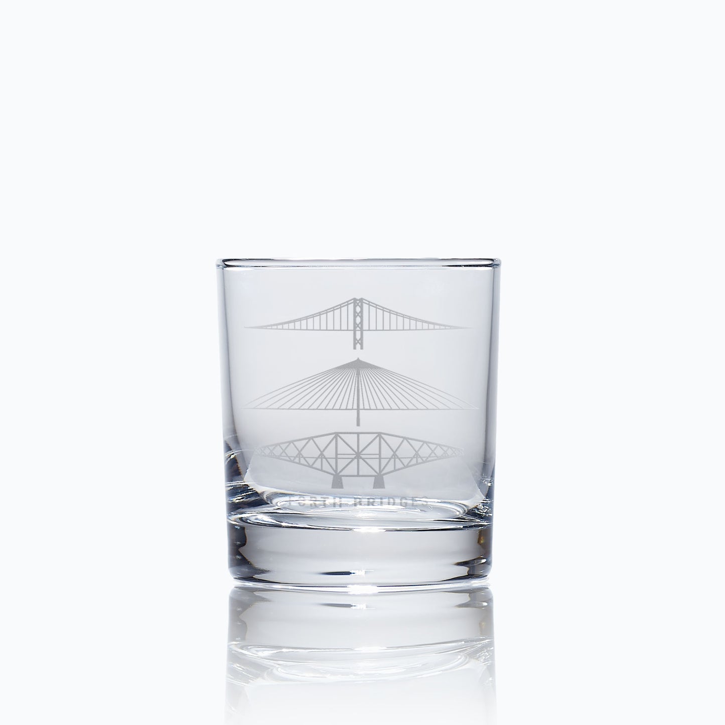 whisky glass engraved with the forth rail bridge, forth road bridge and queensferry crossing