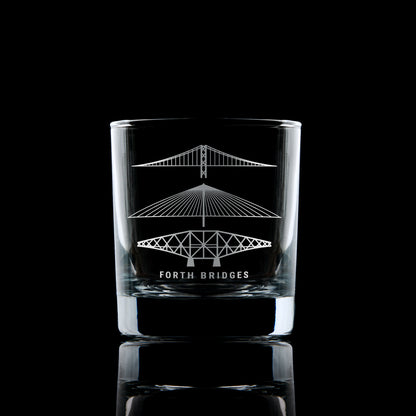  forth rail bridge, forth road bridge, and queensferry crossing engraved into a whisky glass