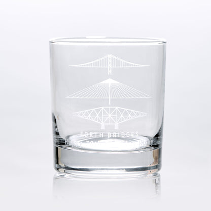 Personalised whisky glass engraved with Scotland's  forth rail bridge, forth road bridge and queensferry crossing
