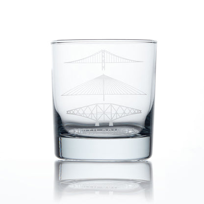 Whisky glass engraved with three of Scotland's  forth bridges