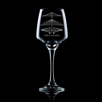 Engraved wine glass forth rail bridge, forth road bridge, queensferry crossing
