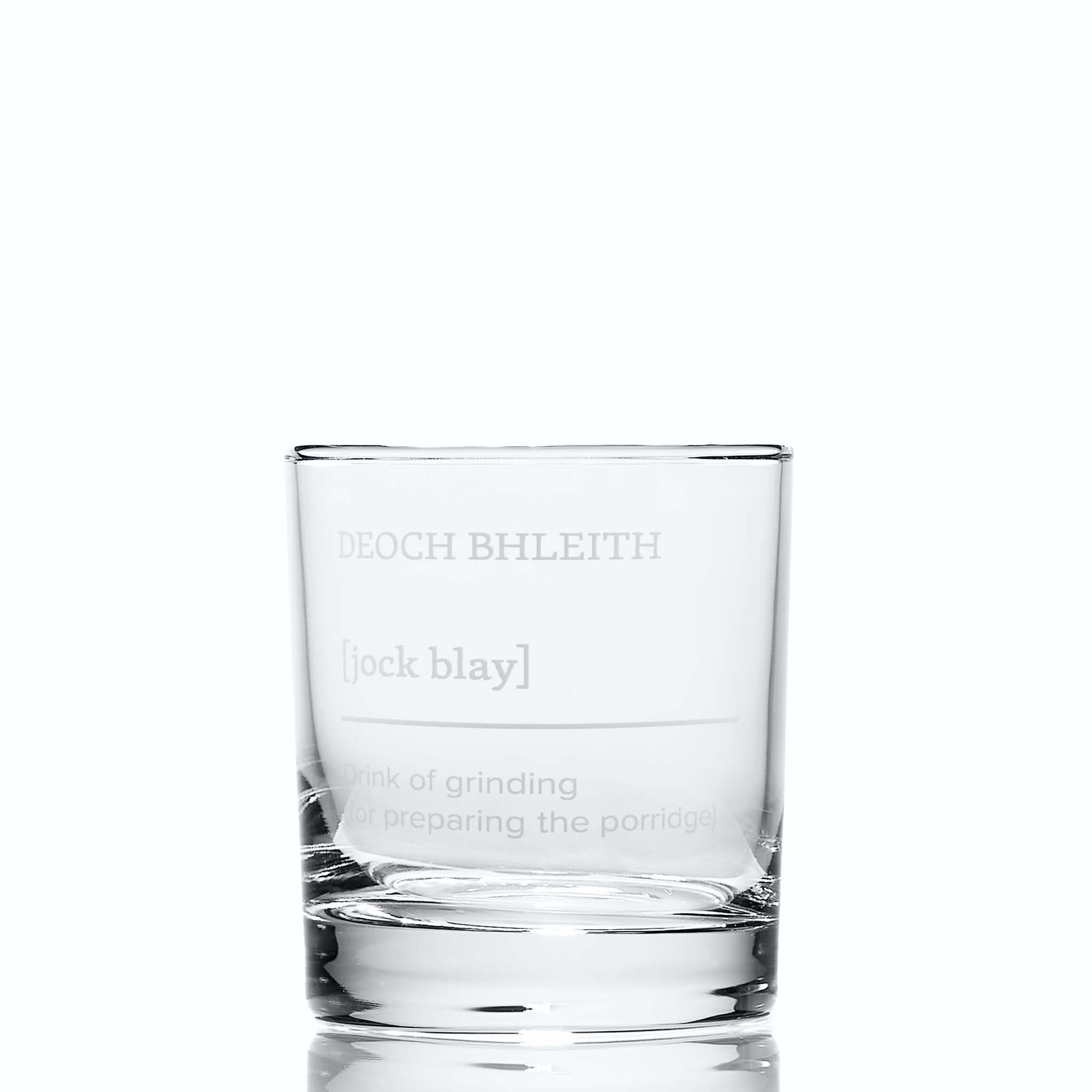 Whisky Tumbler engraved with Deoch bhleith – "drink of grinding" (for preparing the porridge)