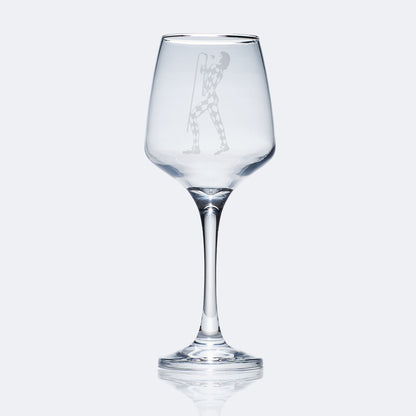 stemmed wine glass engraved with freddie mercury in a harlequin bodysuit