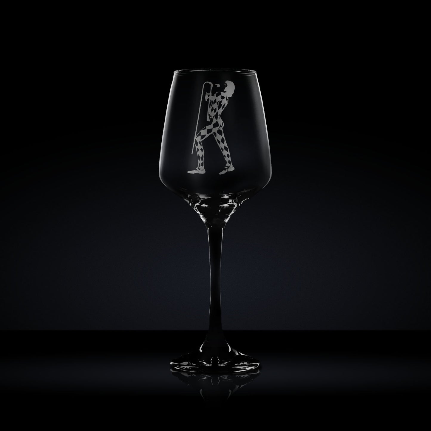 stemmed wine glass engraved with freddie mercury in a harlequin bodysuit