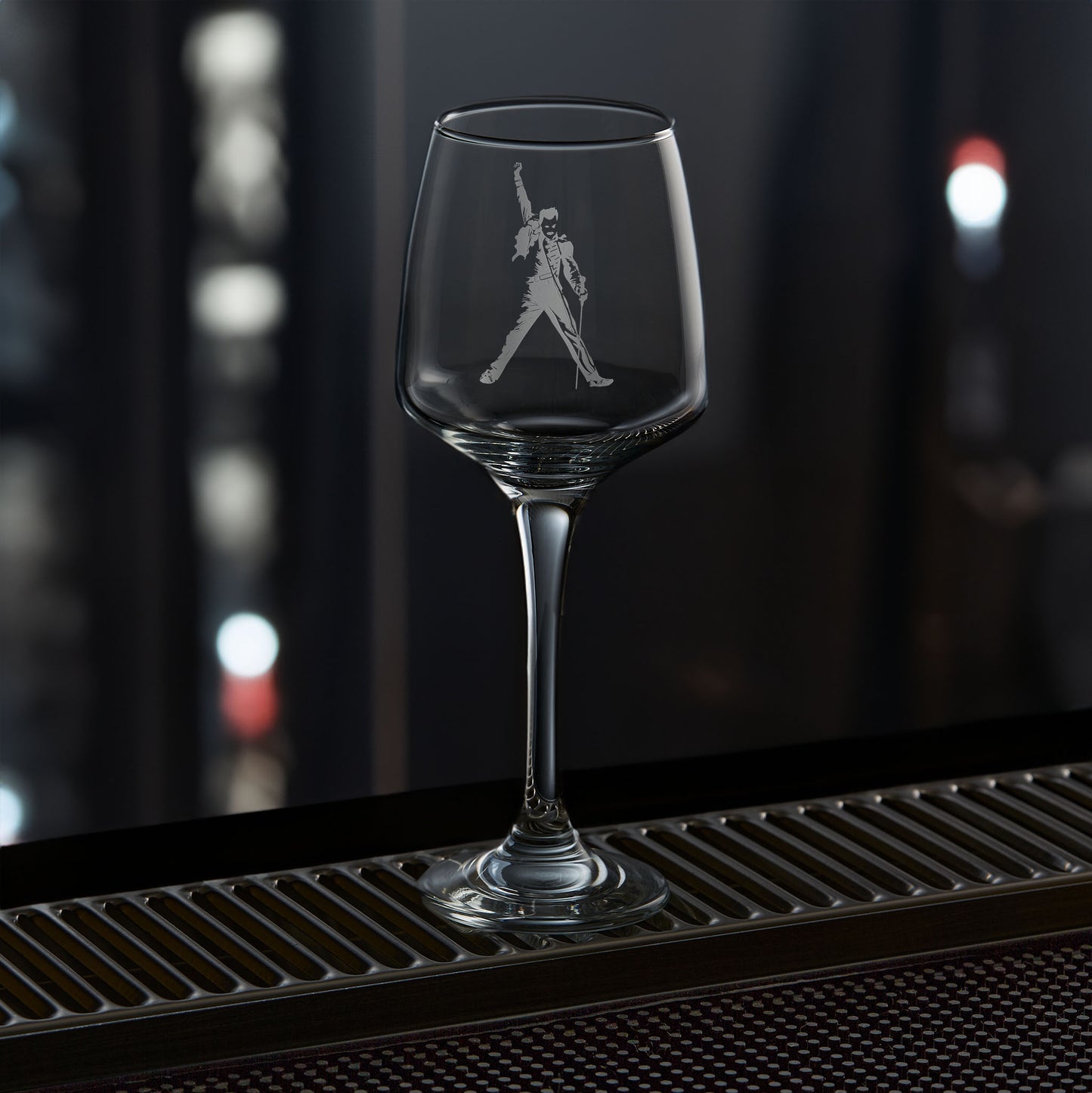 stemmed wine glass engraved with Queen's freddie mercury