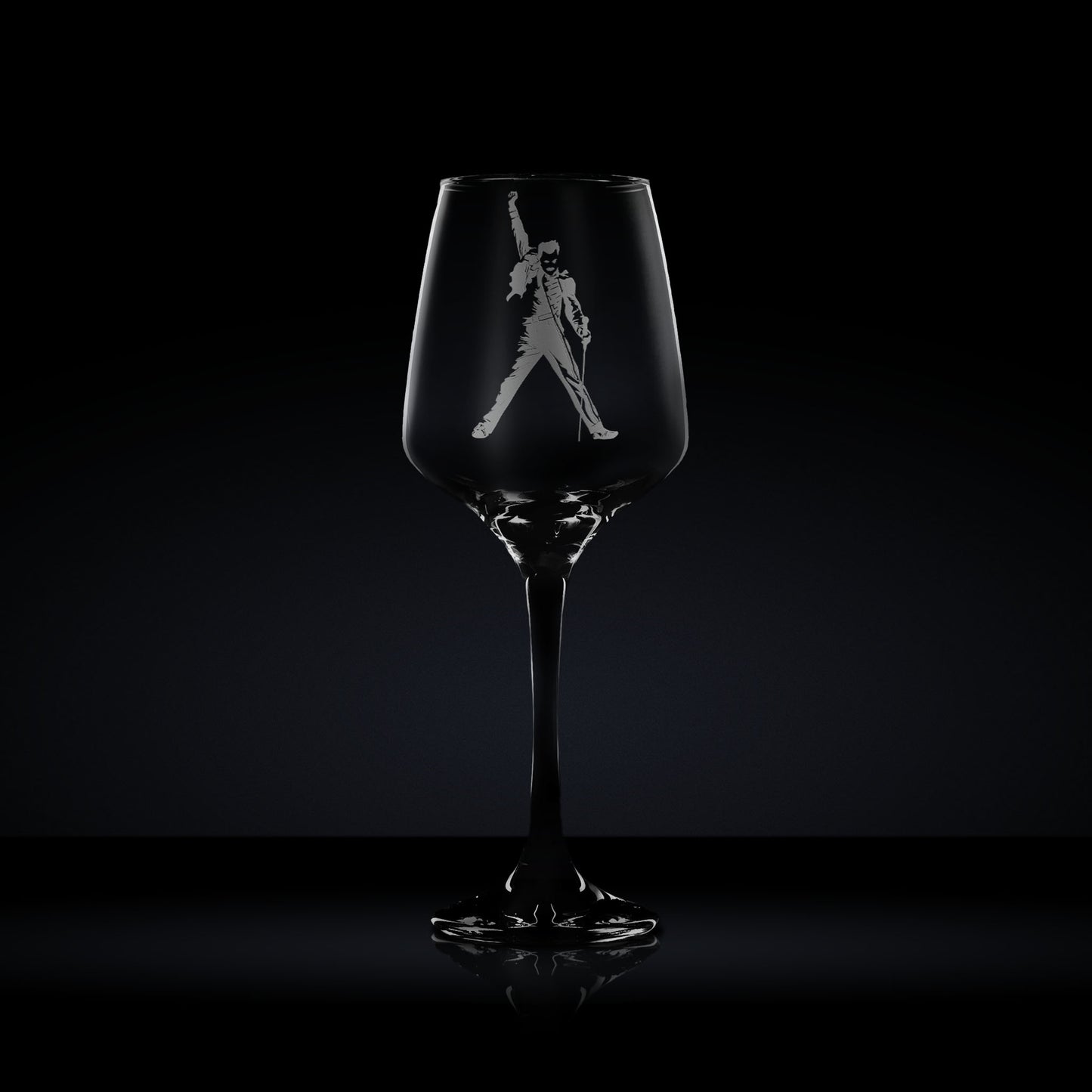 stemmed wine glass engraved with Queen's freddie mercury