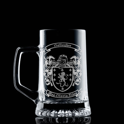 Gallagher arms on classic pint tankard — hand-engraved heraldry.
