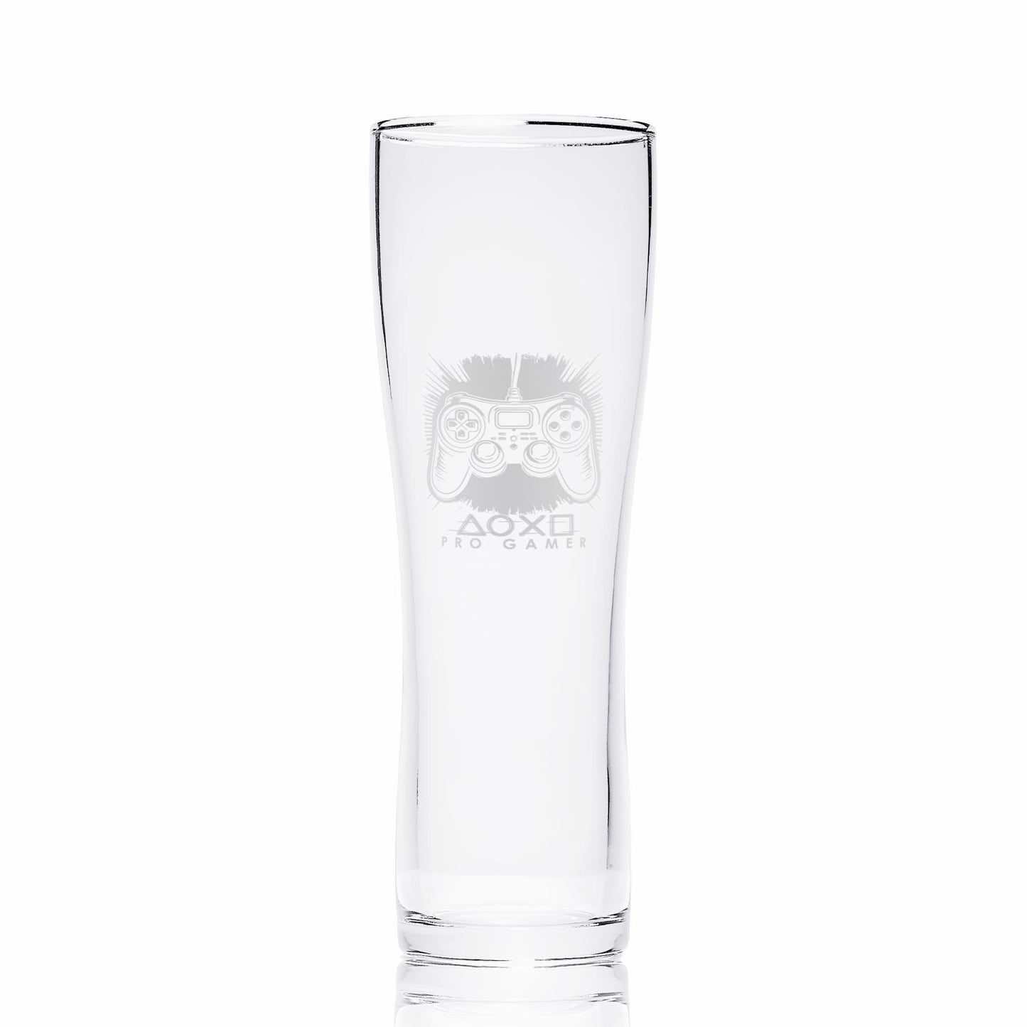 Gamer pint glass with controller design photographed on a white background, showcasing the pilsner shape and clarity.