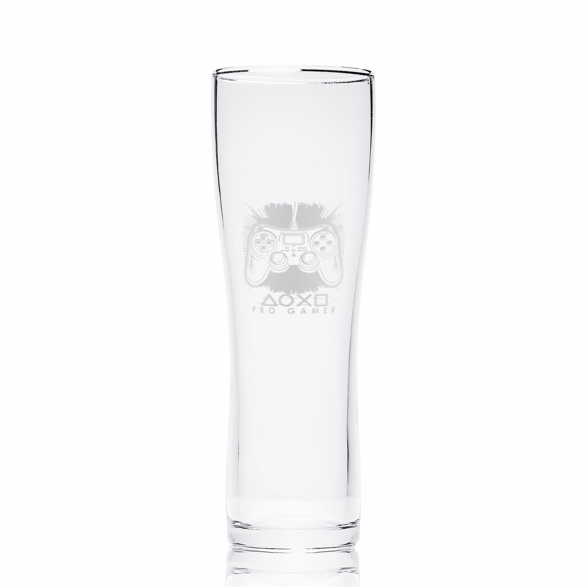 Gamer pint glass with controller design photographed on a white background, showcasing the pilsner shape and clarity.