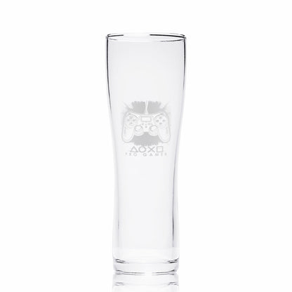Gamer pint glass with controller design photographed on a white background, showcasing the pilsner shape and clarity.