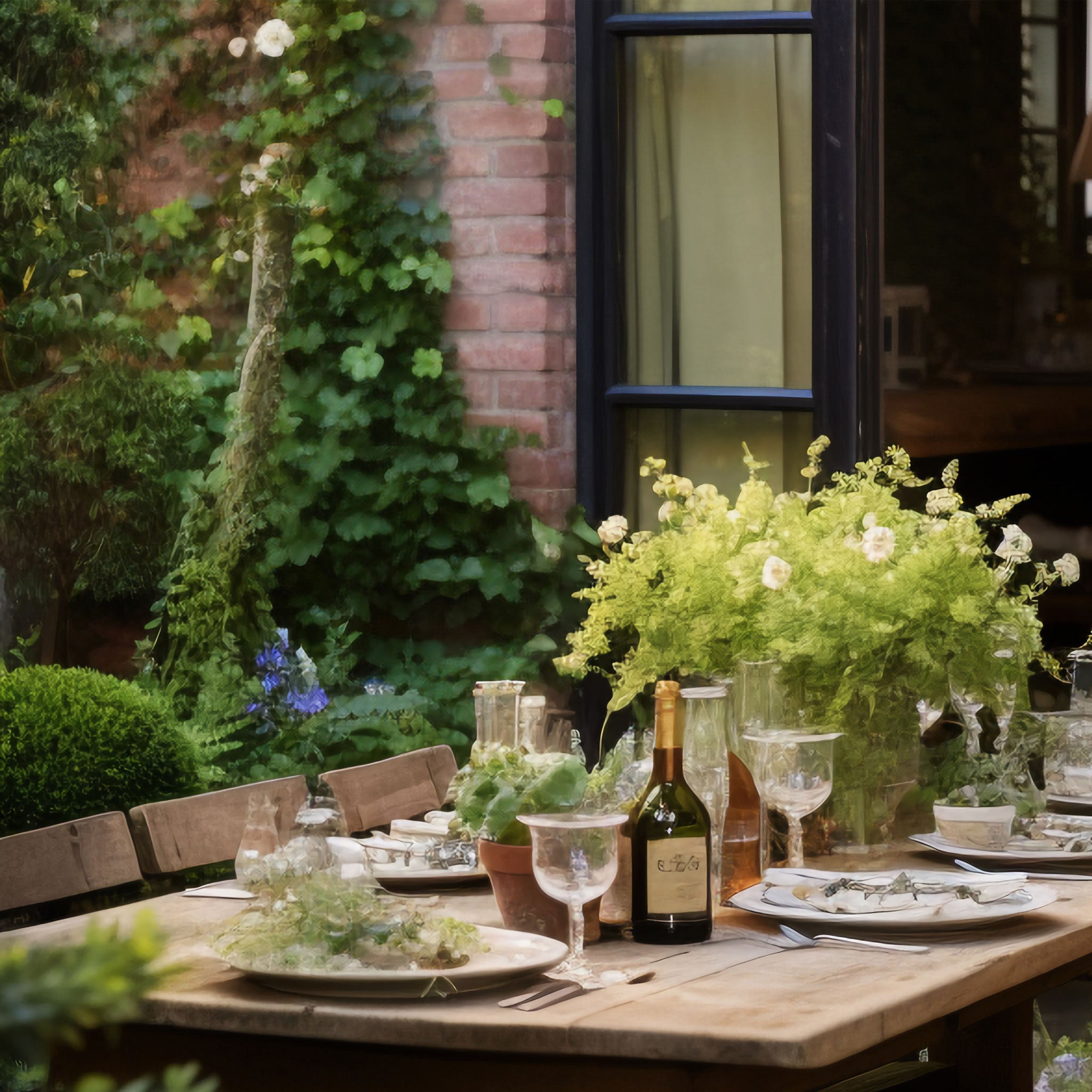 Outdoor dining setup with a wooden table, wine glasses, and a bottle of wine, surrounded by greenery.