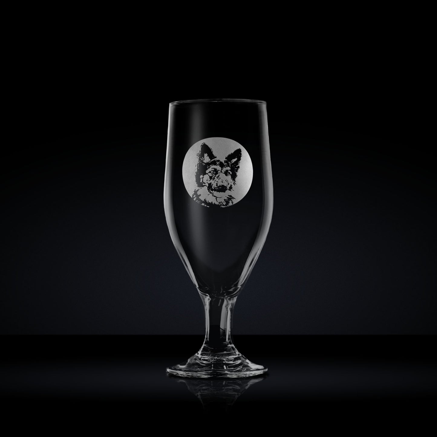 engraved chalice style stemmed beer glass etched with a portrait of german shepherd dog