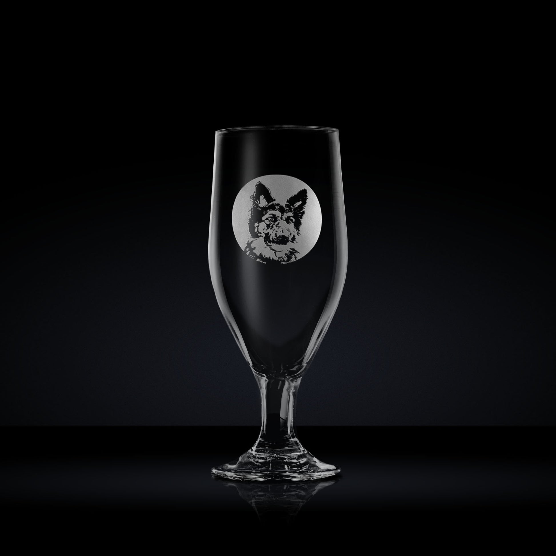 engraved chalice style stemmed beer glass etched with a portrait of german shepherd dog