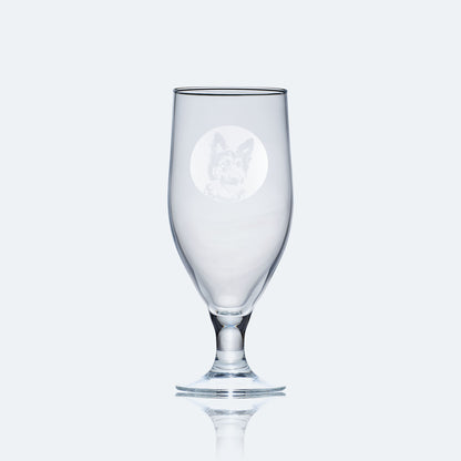 engraved chalice style stemmed beer glass etched with a portrait of german shepherd dog