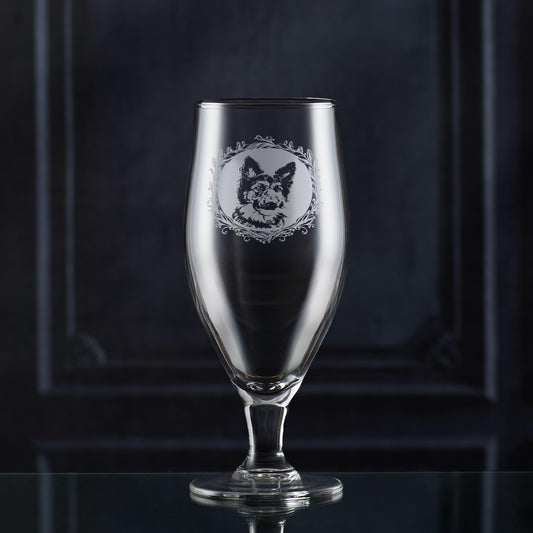 2/3rd Pint Stemmed Beer Glass with engraved german shepherd portrait in circular frame with leafy garland