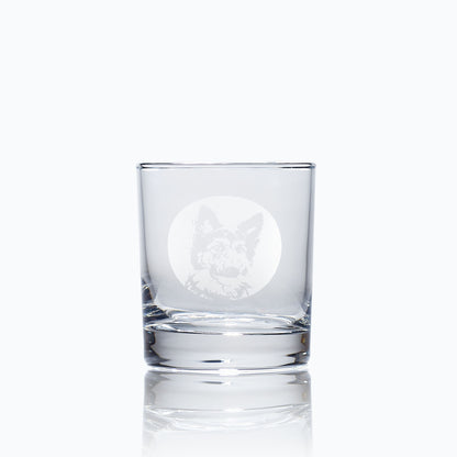 engraved whisky glass etched with a portrait of a german shepherd dog