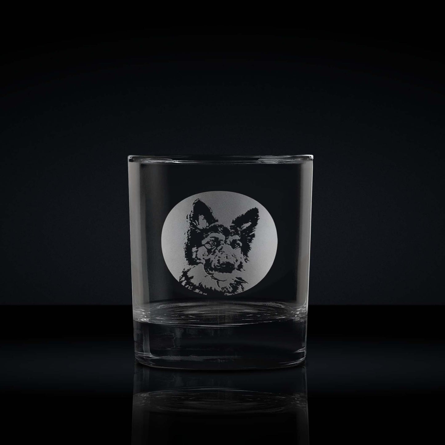 engraved whisky glass etched with a portrait of a german shepherd dog